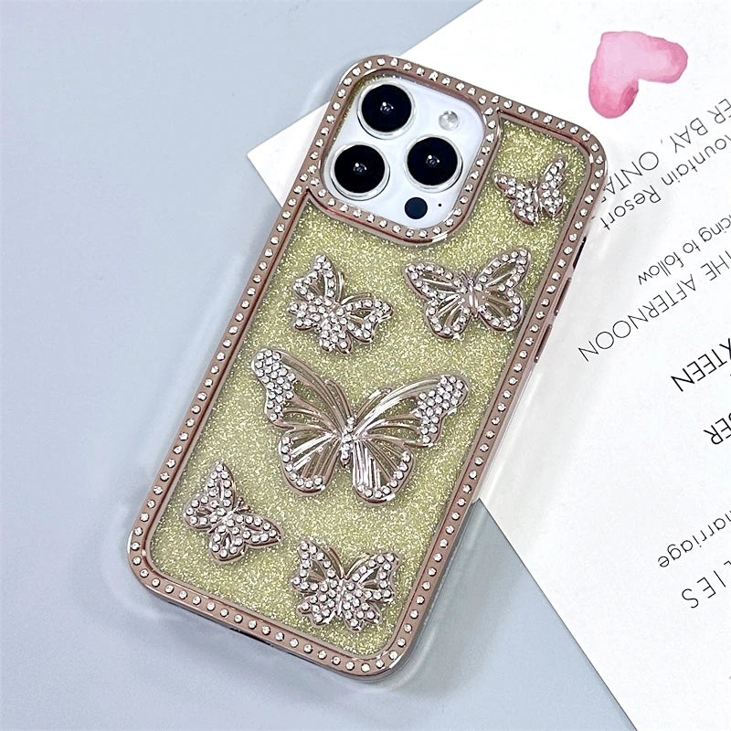 Bling Rhinestone 3D Case For iPhone 16 15 14 13 12 11 Pro Max Plus Cover Diamond Butterfly Shiny Sparkle Girls Cute Woman Beauty