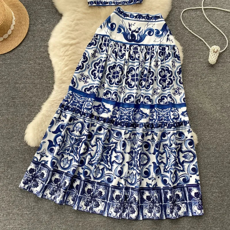 European Style Qinghua Porcelain Printed Suit Women's Summer Pure Desire Waist Tank Top High-waisted Medium Length Skirt