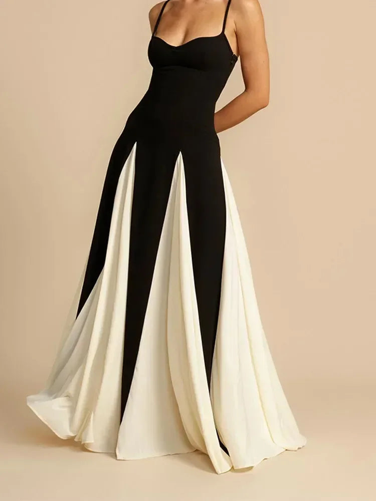 Fashion Contrast Patchwork Pleated Sling Dress Elegant Backless Sleeveless Women High Waist Vestdio New Lady Slim Fit Party Gown