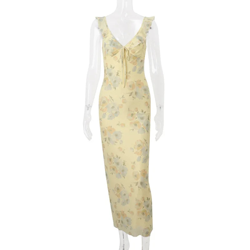 Women's Floral Cami Dress Slim Tie Bow Deep V Neck Backless Ruffle Spaghetti Strap Long Bodycon Dress for Party Club