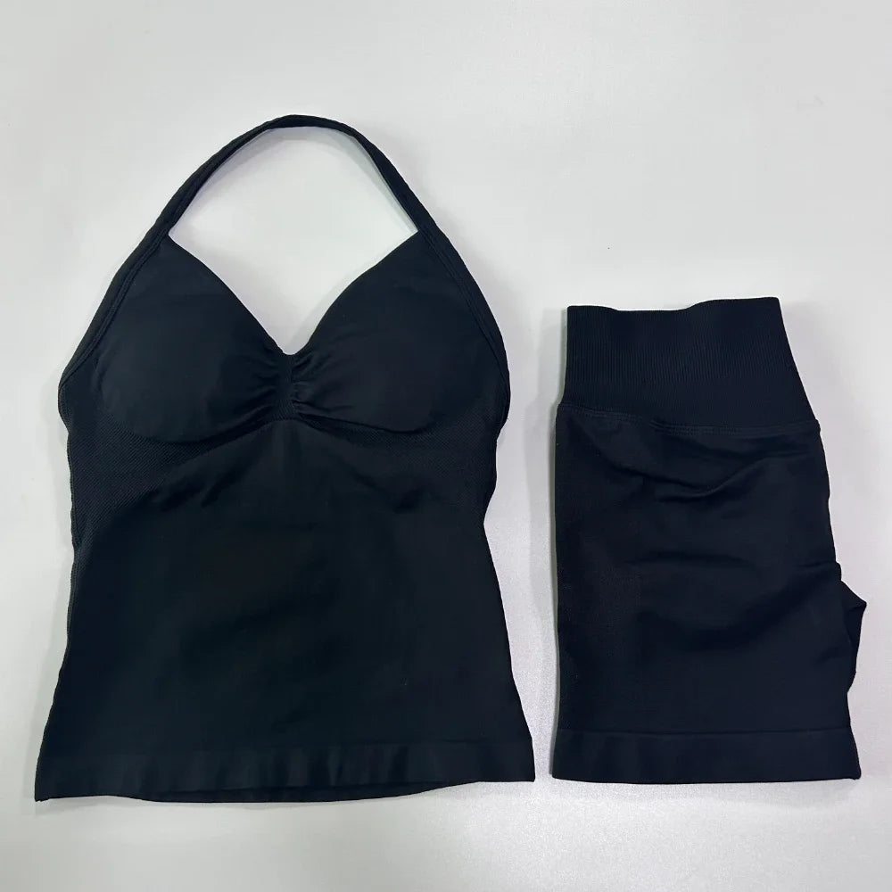 2Pcs Impact Gym Set Women Backless Tank Tops High Waist Scrunch Seamless Shorts Gym Suit Fitness Clothes Activewear Workout Sets