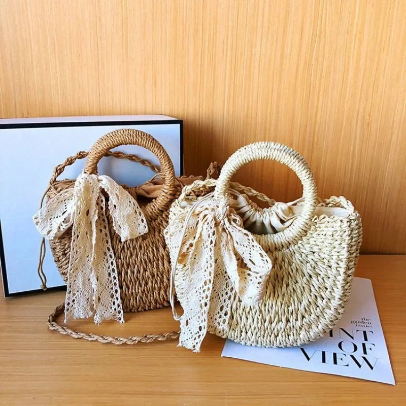 Straw Bag Women Hand-Woven Handbag Moon Shape Lace Bow Rattan Bag Big Capacity Drawstring Casual Beach Shoulder Crossbody Bag