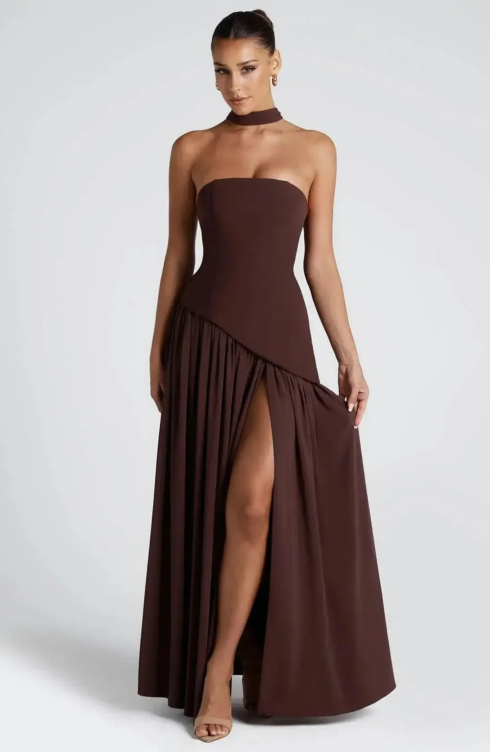 Elegant Solid Pleated Maxi Dress Women Sexy Sleeveless Off Shoulder High Slit Spliced Scarf Slim Fit Dresses 2025 New Party Wear