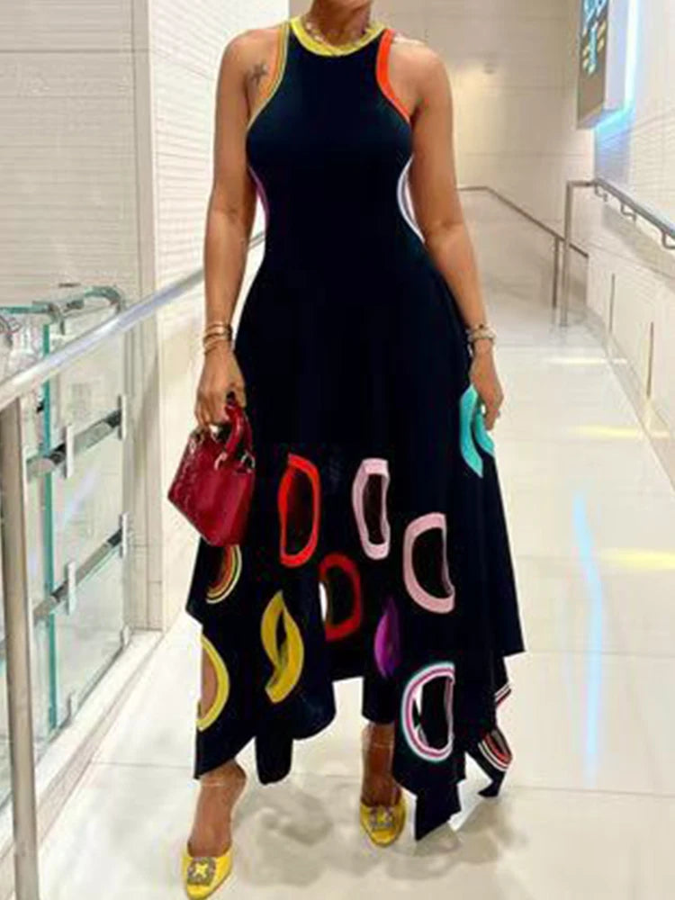 Women's Circle Hollow Out Tank Dress Round Neck Asymmetric Hem Pleated A-Line Casual Elegant Sleeveless High Street Sexy Dress
