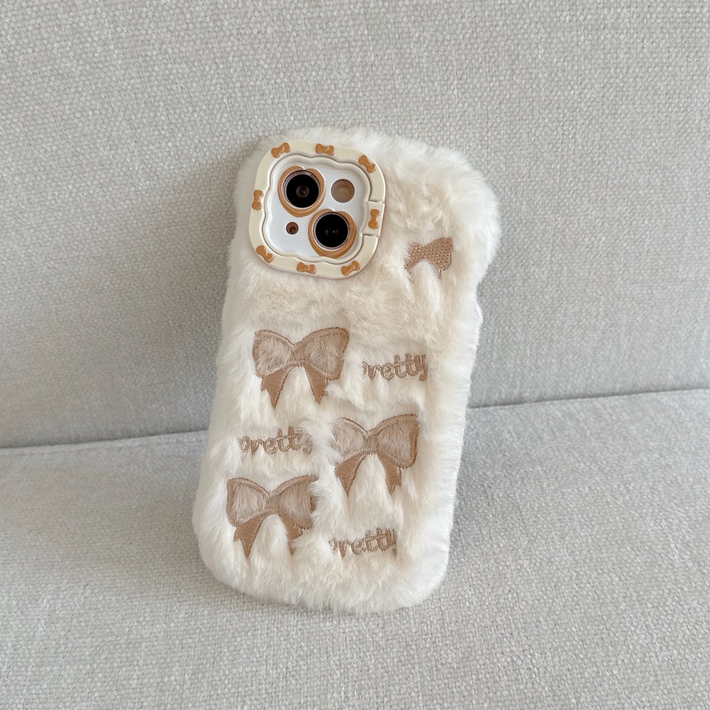 Cute Embroidered Bow Plush Phone Case for Girls Autumn Winter Furry Phone Case for iPhone 16 15 14 13 12 11 Pro Max
