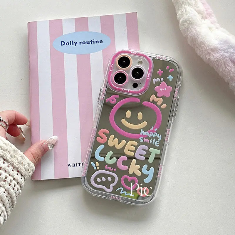 Sweet Lucky Smile Pattern Makeup Mirror Hard Back Case For iPhone 13 15 16 Pro Max 14 11 12 Cute Girl Shockproof Cover