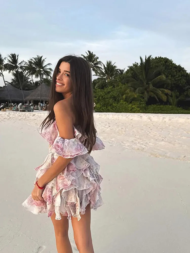 Robe courte élégante à imprimé floral rose pour femme, tenue de soirée chic en mousseline de soie, manches longues, épaules dénudées, superposée et irrégulière, nouvelle collection 2025