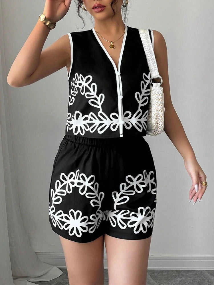 Summer 2025 Vacation Trends Stylish Print V-neck Vest+shorts Two-piece Suit New Summer Casual Slim Office Lady Short Sets