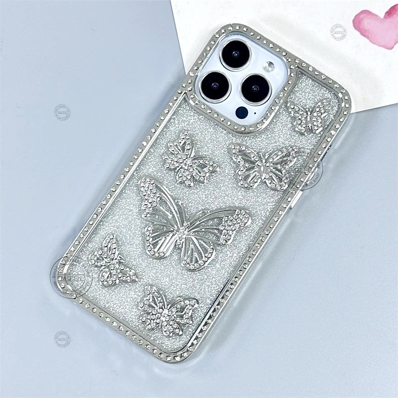 Bling Rhinestone 3D Case For iPhone 16 15 14 13 12 11 Pro Max Plus Cover Diamond Butterfly Shiny Sparkle Girls Cute Woman Beauty