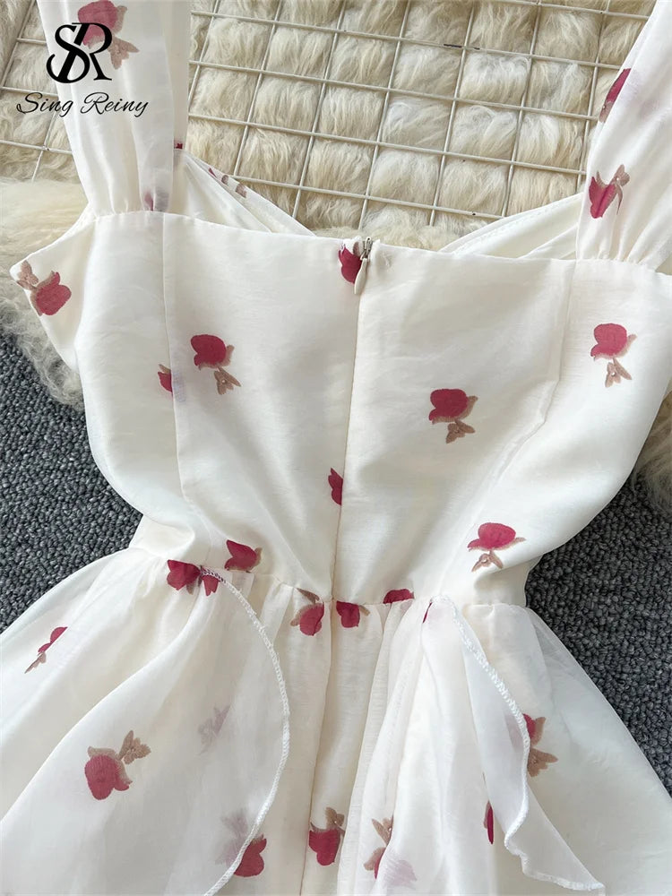 SINGREINY Beach Style Chiffon Dress Spaghetti Strap Sleeveless Floral Print Sweet Sundress Fashion Ladies Irregular Chic Dress