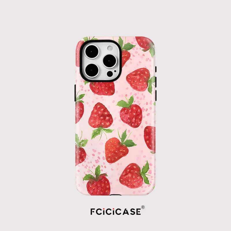 Cute Strawberry Pattern Case For iPhone 12 13 11 14 15 Plus 16 Pro Max Luxury 2 in 1 Magnetic Double-layer PC Back Cover