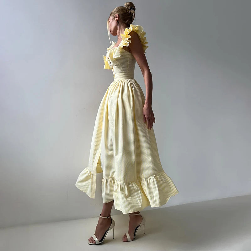 Flying Sleeves Striped Flounce Halter Dress Woman Waist Cinching Single Breasted A-Line Robes Chic Fashion Women's Long Dresses