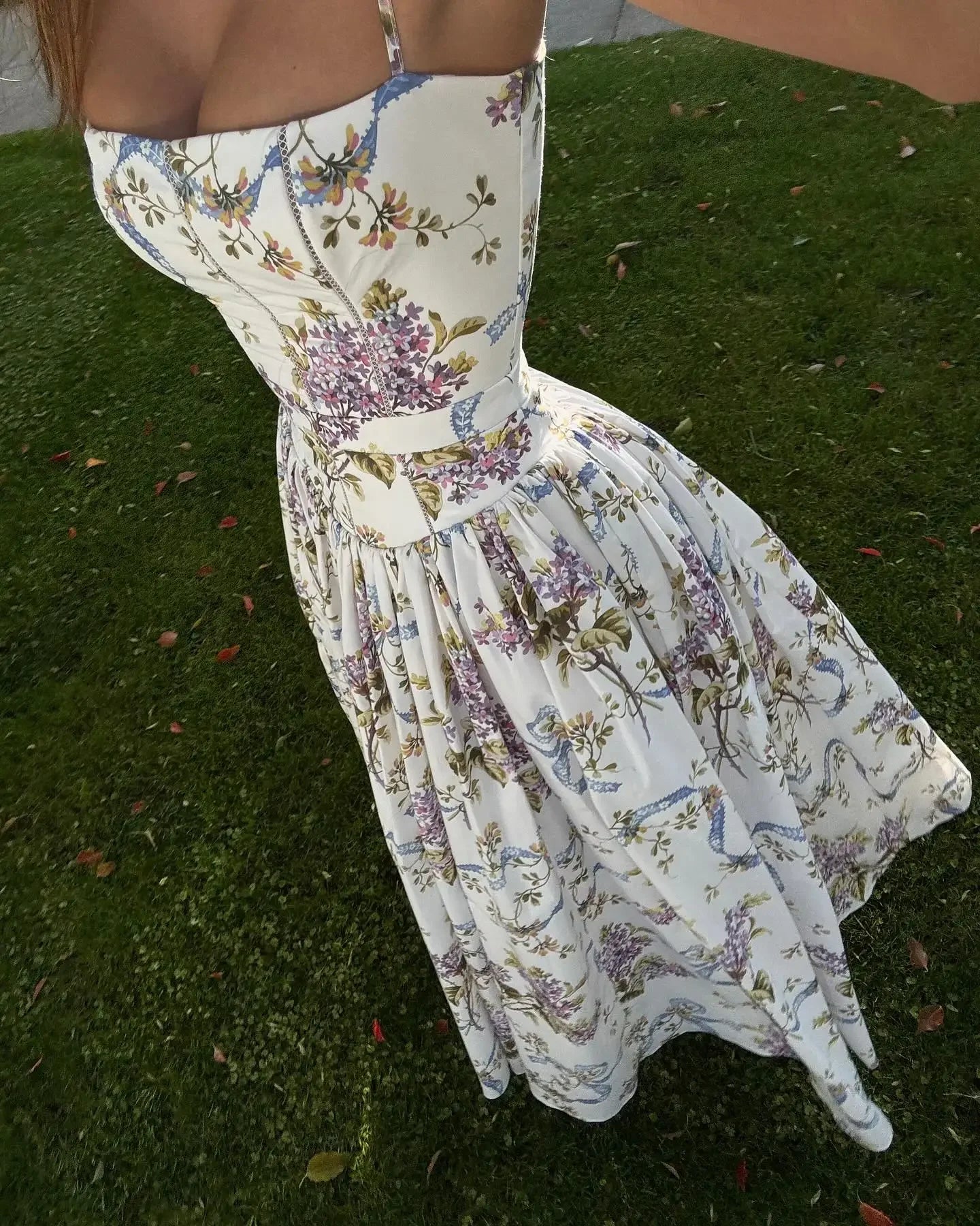 Elegant Floral Print Spaghetti Strap Dress Women Chic Slim Backless Sleeveless Pleated A-line Robe Lady High Waist Party Vestido