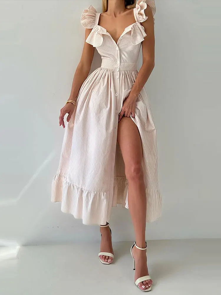 Flying Sleeves Striped Flounce Halter Dress Woman Waist Cinching Single Breasted A-Line Robes Chic Fashion Women's Long Dresses