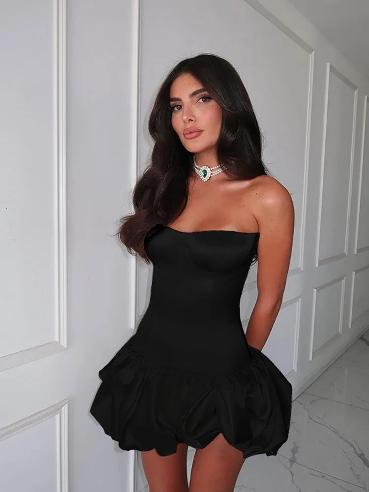 Fashion White O Neck Pleat Mini Dress Women Elegant Sleeveless High Waist Slim Puff Hem Short Dresses Lady 2025 New Street Robe
