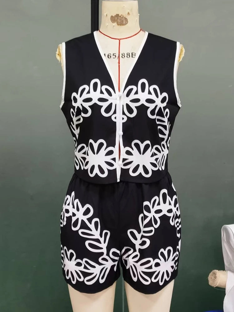 Summer 2025 Vacation Trends Stylish Print V-neck Vest+shorts Two-piece Suit New Summer Casual Slim Office Lady Short Sets