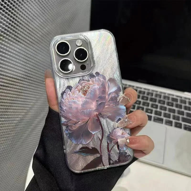 Pink Peony Lotus Print Phone Case for IPhone 16 15 14 13 12 11 Pro Max 15 Pro XS XR 7 8 Plus 16e Shockproof Silver Plated Cover
