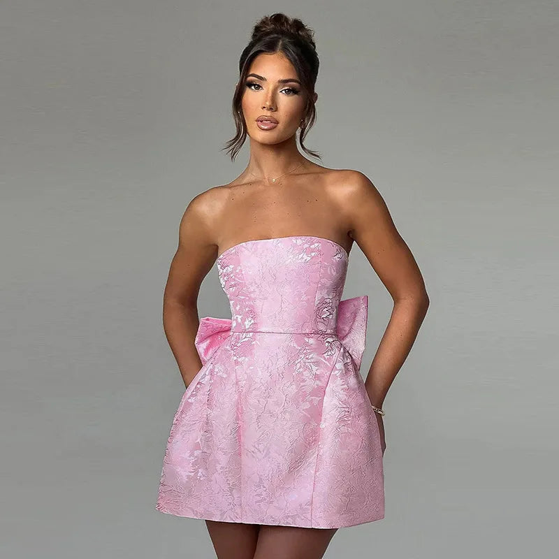 Robe courte élégante en jacquard, sans bretelles, avec nœud, corset blanc, épaules dénudées, dos nu, rose, pour soirée, anniversaire, nouveauté