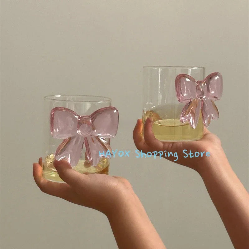 Tasse à café en verre rose résistant à la chaleur avec grand nœud, jolie tasse à glace pour boissons froides, légère et luxueuse, cadeau idéal