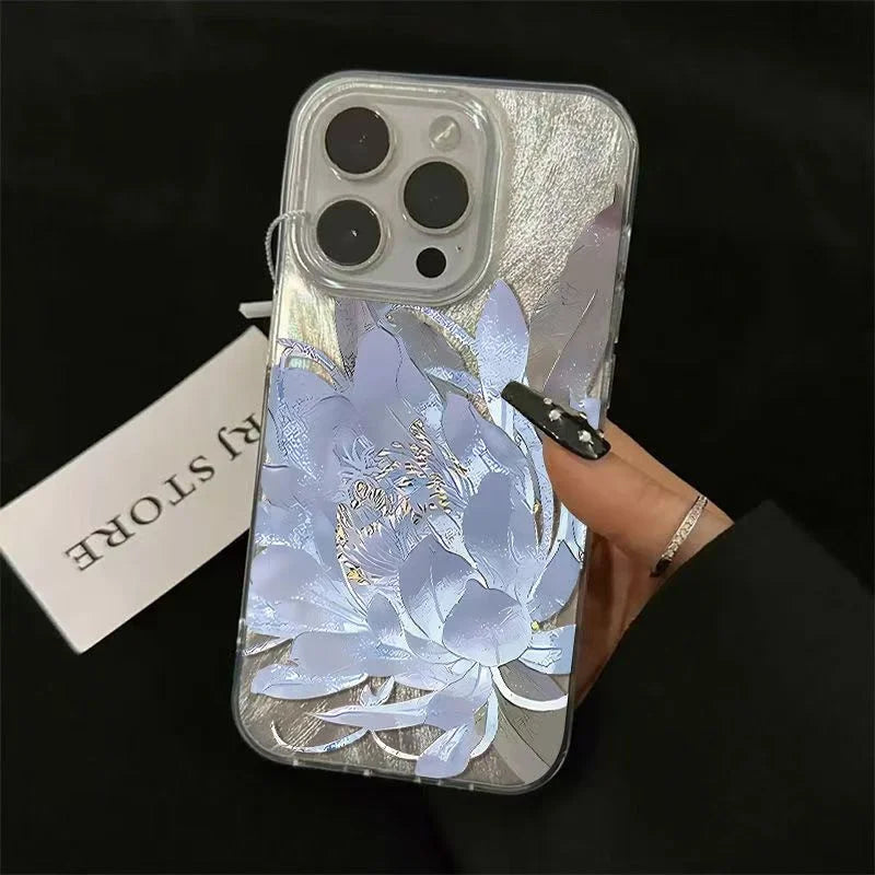Pink Peony Lotus Print Phone Case for IPhone 16 15 14 13 12 11 Pro Max 15 Pro XS XR 7 8 Plus 16e Shockproof Silver Plated Cover