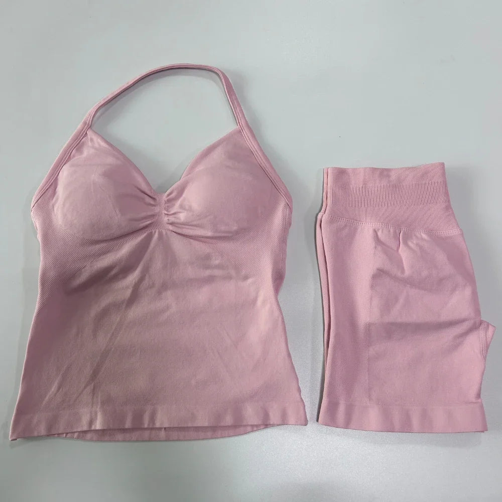 2Pcs Impact Gym Set Women Backless Tank Tops High Waist Scrunch Seamless Shorts Gym Suit Fitness Clothes Activewear Workout Sets