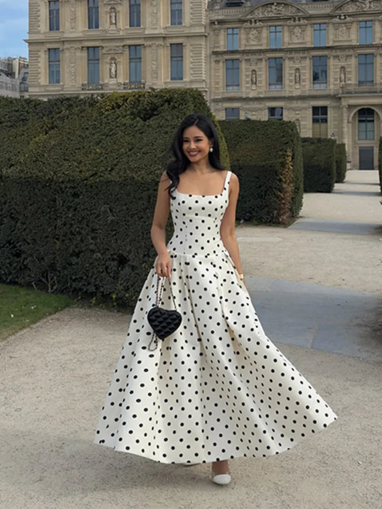 2025 Polka Dot Maxi Dresses Women Elegant Square Neck Lotus Hem Long Gowns Chic Lady Sleeveless High Waist Cinched Summer Robes