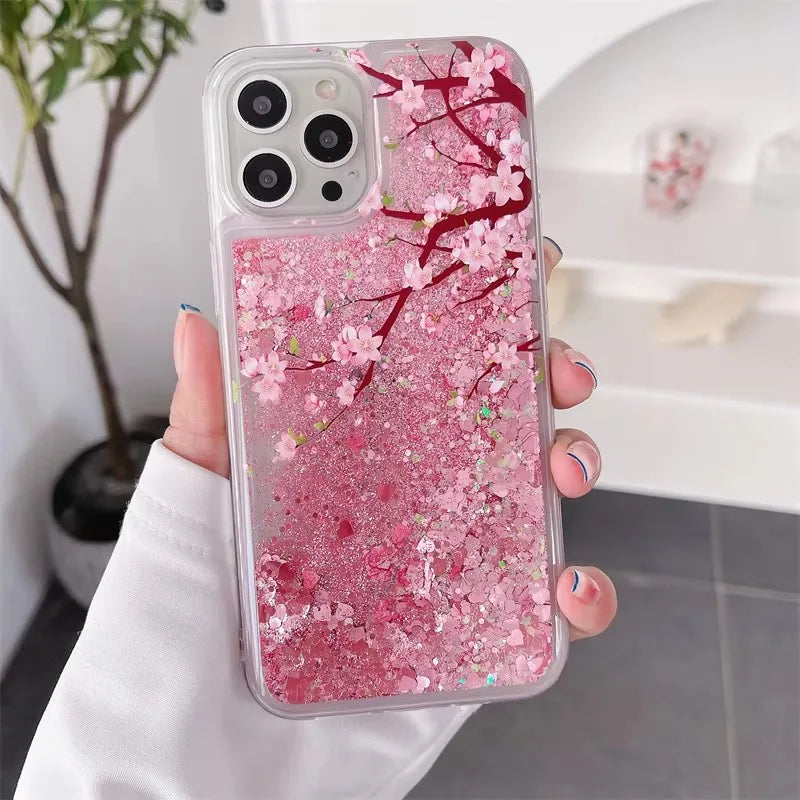 Peach Blossom Glitter Quicksand Case for iphone 16 15 14 13 Pro Max 16PRO Soft Protective Dynamic Liquid Cell Phone Cover Shell