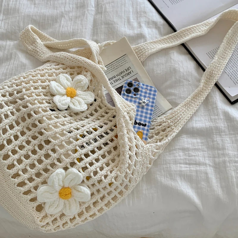 Women Knitted Shoulder Bag Fashion Tote Handbag Large Capacity Summer Beach Bag Lightweight Casual Top Handle Bag Chic Hobo Bag