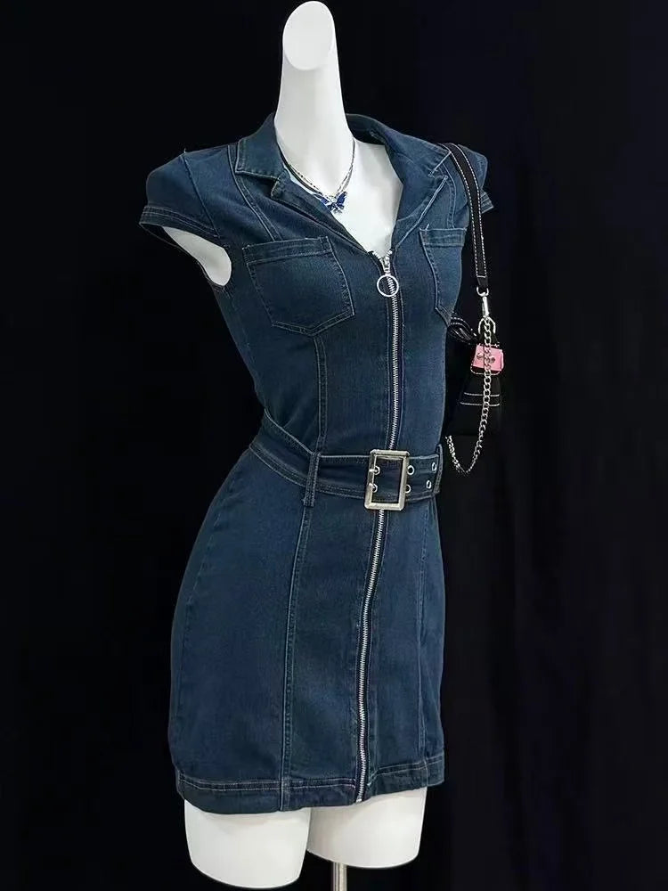 Robe en jean bleu style rétro coréen à revers, taille fine, fermeture éclair, style Y2K, nouvelle collection été, style Harajuku, gothique, streetwear, sexy, épicée