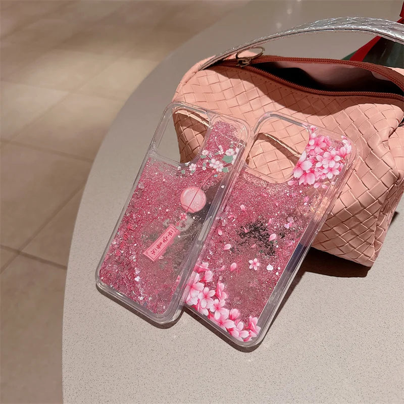 Peach Blossom Glitter Quicksand Case for iphone 16 15 14 13 Pro Max 16PRO Soft Protective Dynamic Liquid Cell Phone Cover Shell