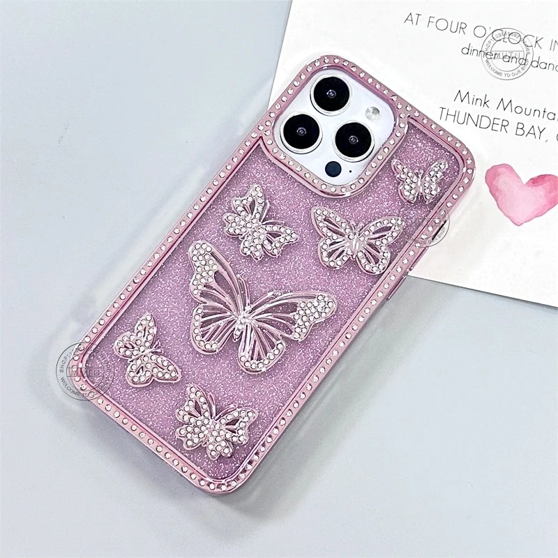 Bling Rhinestone 3D Case For iPhone 16 15 14 13 12 11 Pro Max Plus Cover Diamond Butterfly Shiny Sparkle Girls Cute Woman Beauty