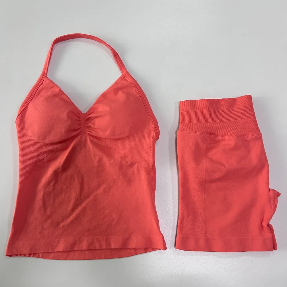 2Pcs Impact Gym Set Women Backless Tank Tops High Waist Scrunch Seamless Shorts Gym Suit Fitness Clothes Activewear Workout Sets