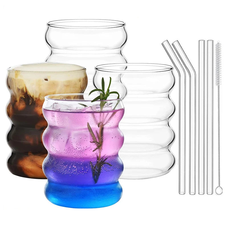 Lot de 4 tasses en verre créatives, tasses à café, verres transparents, verres côtelés avec pailles, verres à cocktail et à fruits