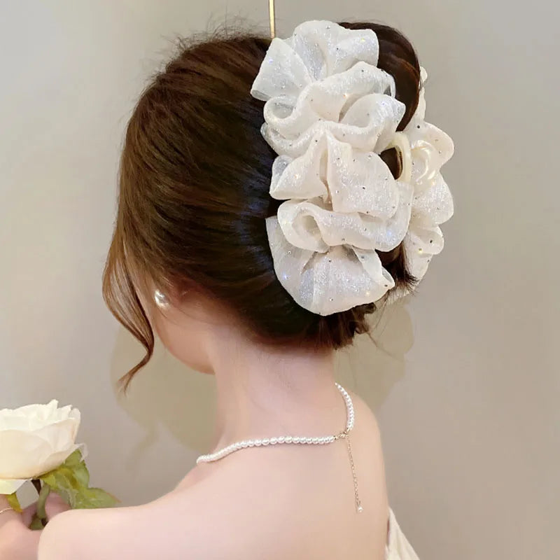 Summer Sweet Mesh Tulle Big Bow Hair Claw Clips for Women Solid colors Elegant Bowknot Ponytail clip New Headdress Accessories