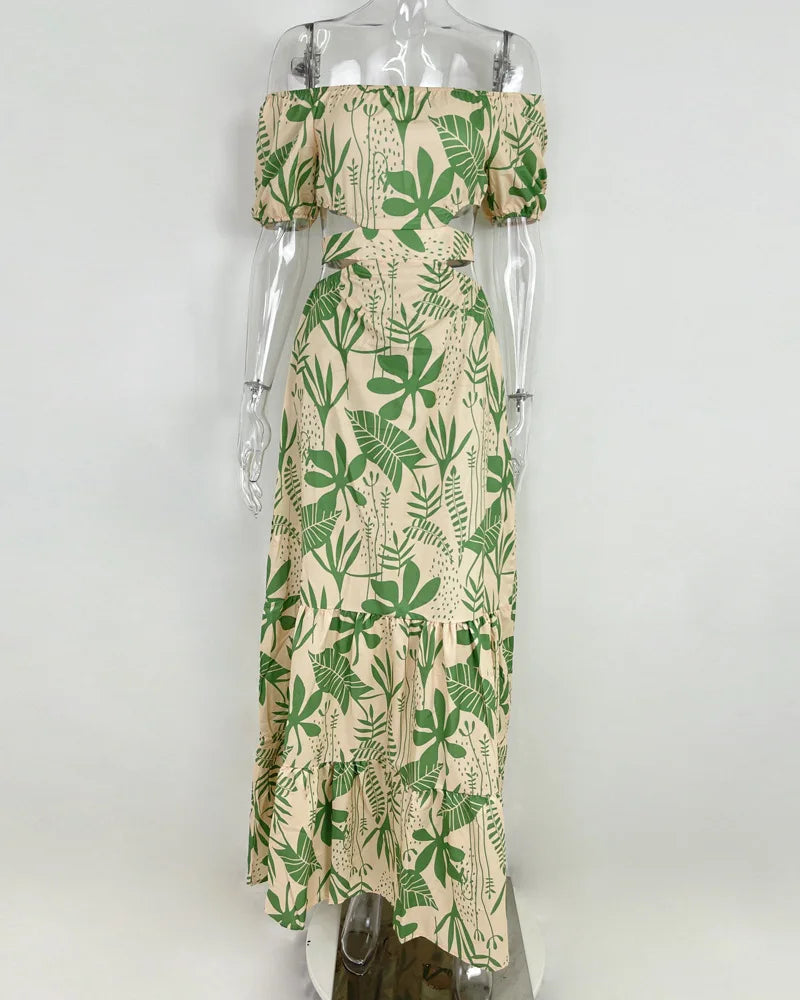Sexy Women's Temperament Commuting Slim Fit Printing Hollow Lace up Large Swing Dress Women's Fashion Short Sleeve High Waist Dr