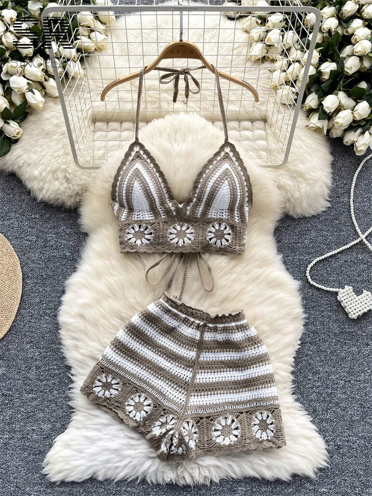 SINGREINY Ensemble 2 pièces en tricot pour femme, tenue de plage, dos nu, sans manches, à lacets, camisole + short à taille élastique, crochet, fleur creuse, ensemble 2 pièces
