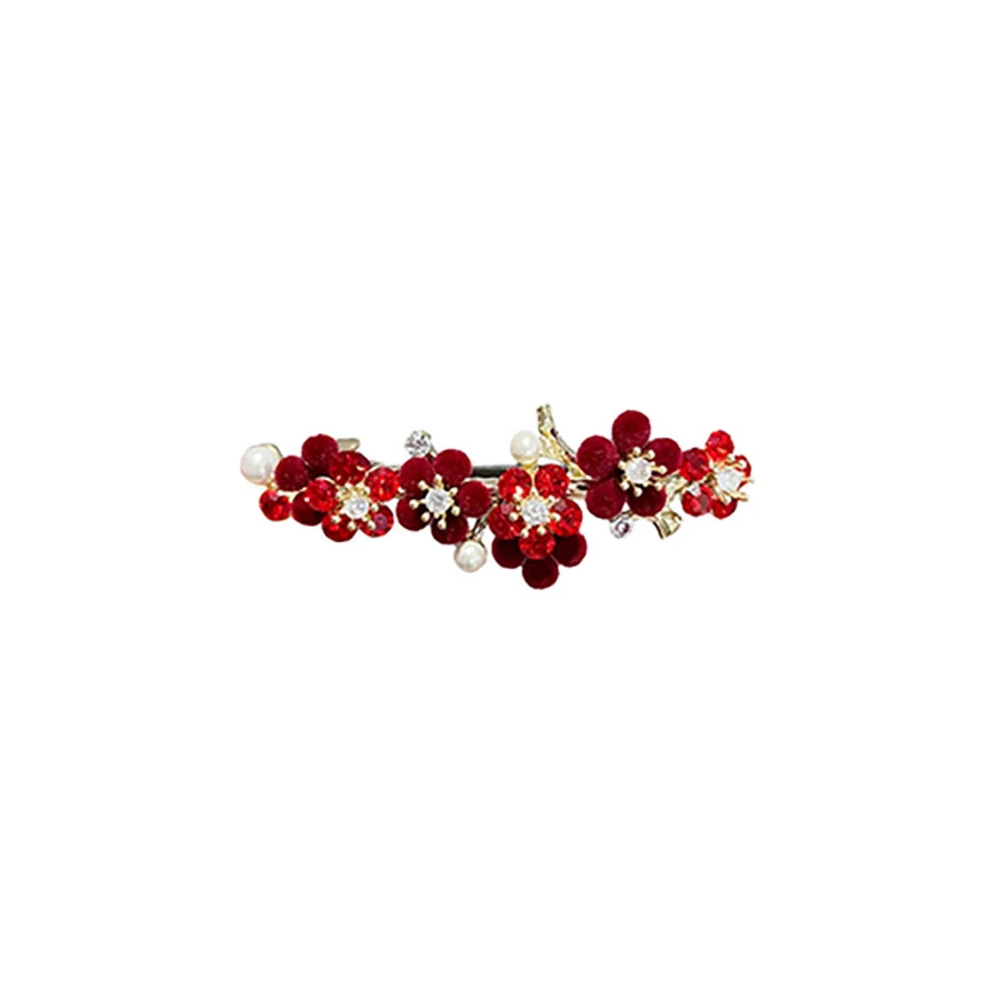 Épingle à cheveux rétro en perles et strass, fleur rouge, style tempérament, pince à ressort à moitié nouée, accessoires pour cheveux du Nouvel An féminin