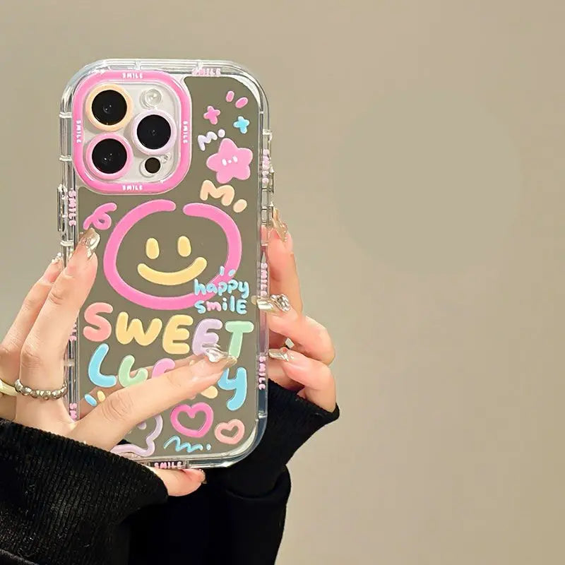 Sweet Lucky Smile Pattern Makeup Mirror Hard Back Case For iPhone 13 15 16 Pro Max 14 11 12 Cute Girl Shockproof Cover