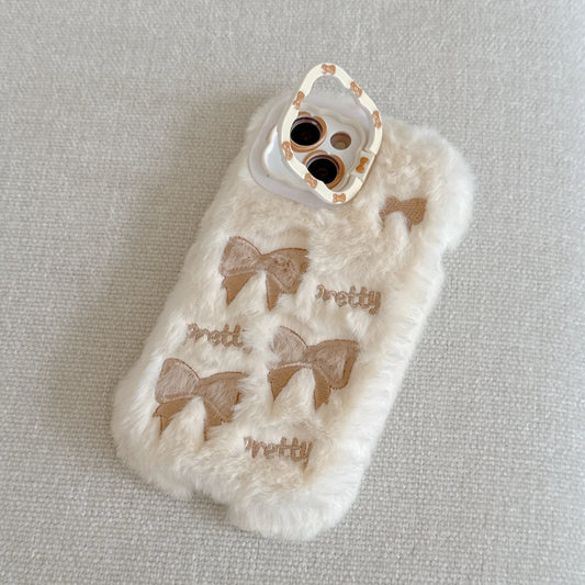 Cute Embroidered Bow Plush Phone Case for Girls Autumn Winter Furry Phone Case for iPhone 16 15 14 13 12 11 Pro Max