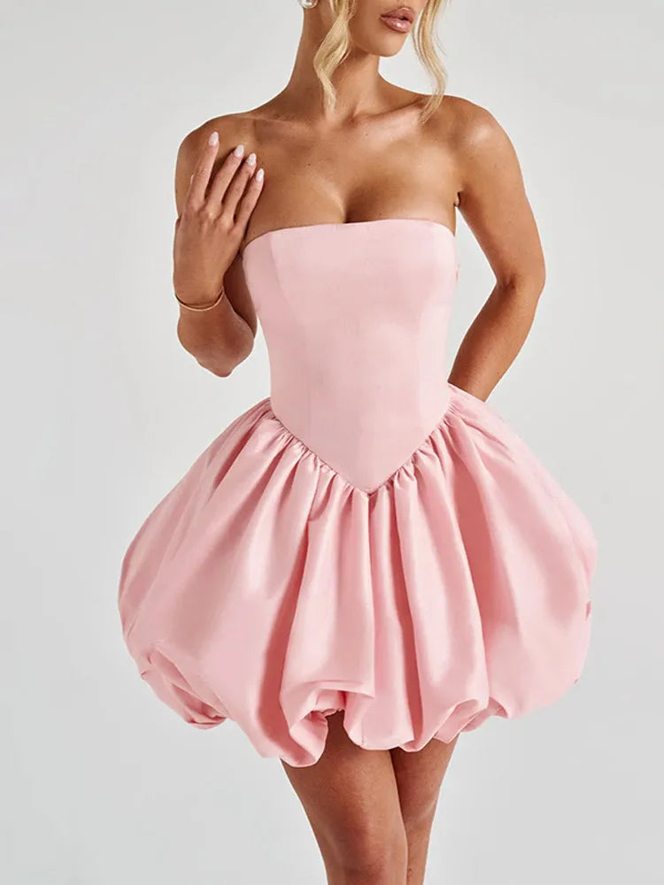 Fashion White O Neck Pleat Mini Dress Women Elegant Sleeveless High Waist Slim Puff Hem Short Dresses Lady 2025 New Street Robe