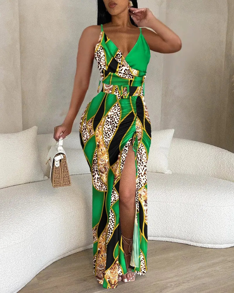 New 2023 Spring Summer Women's Strap Dress Casual Fashion Print V-neck Strap Slim Fit Sexy Split Drawstring Women's Strap Dress