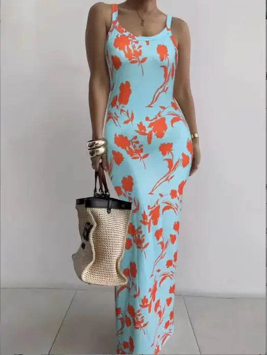 Printed Slim Sexy Spaghetti Strap Long Dresses Women Fashion Trendy Y2k Sleeveless Solid Skinny Bodycon Maxi Vestidos Summer New