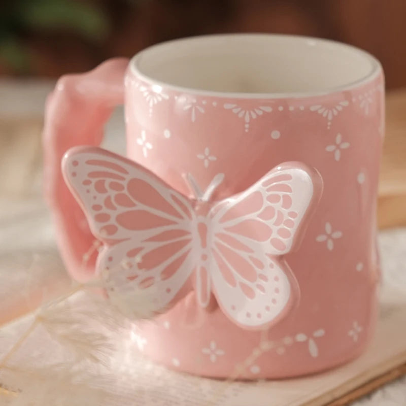 AhunderJiaz Tasse créative mignonne en forme de papillon rose, tasse en céramique mignonne pour couple, ensemble de tasses ménagères avec coffret cadeau, tasses à café