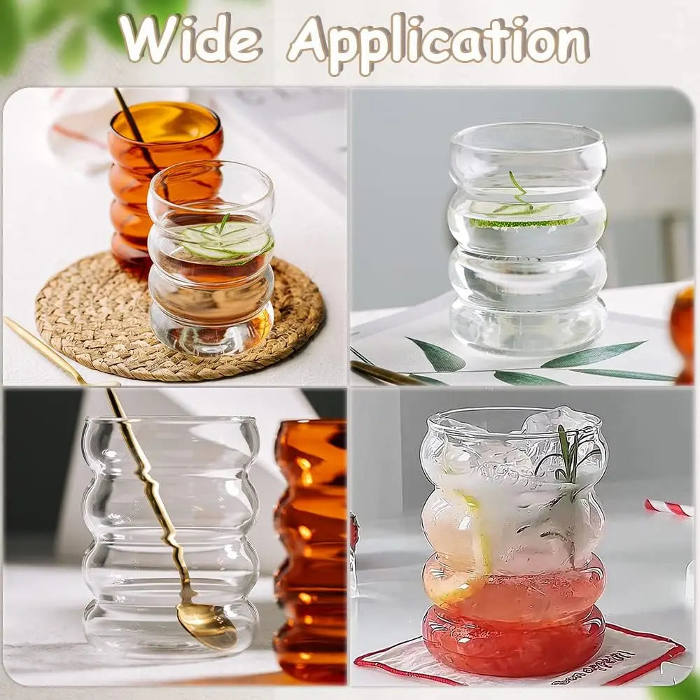 Lot de 4 tasses en verre créatives, tasses à café, verres transparents, verres côtelés avec pailles, verres à cocktail et à fruits