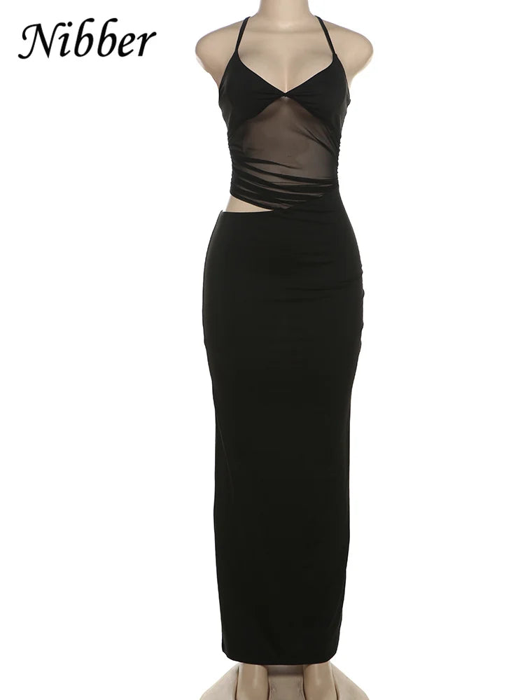 Nibber Mesh Patchwork Dress Women Sexy Backless Hollow Sleeveless 2025 Summer Trend Skinny Stretch Elegant Clubwear Maxi Bodycon