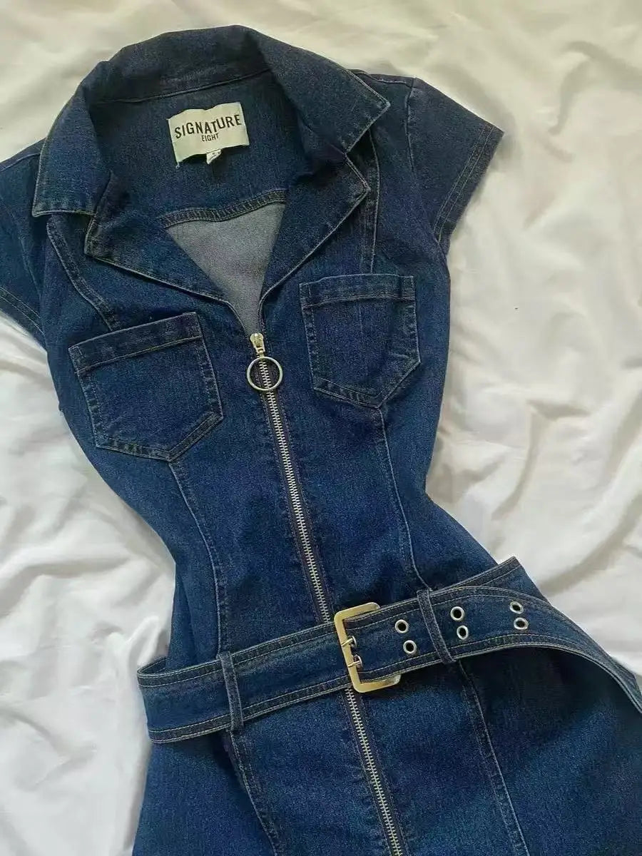 Robe en jean bleu style rétro coréen à revers, taille fine, fermeture éclair, style Y2K, nouvelle collection été, style Harajuku, gothique, streetwear, sexy, épicée