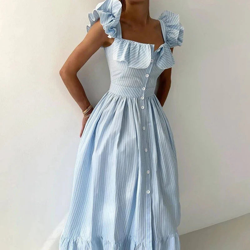 Flying Sleeves Striped Flounce Halter Dress Woman Waist Cinching Single Breasted A-Line Robes Chic Fashion Women's Long Dresses