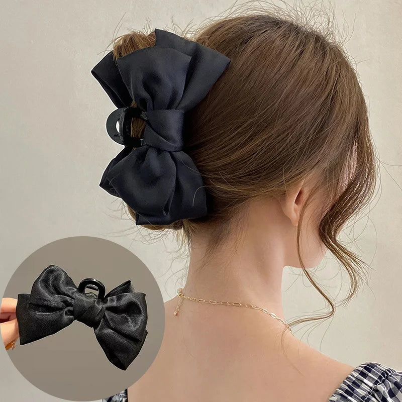 Fashion Double Side Solid Satin Chiffon Big Bows Plastic Large Crab Clips Claw for Women Girls Thick Hair Accessories Headwear