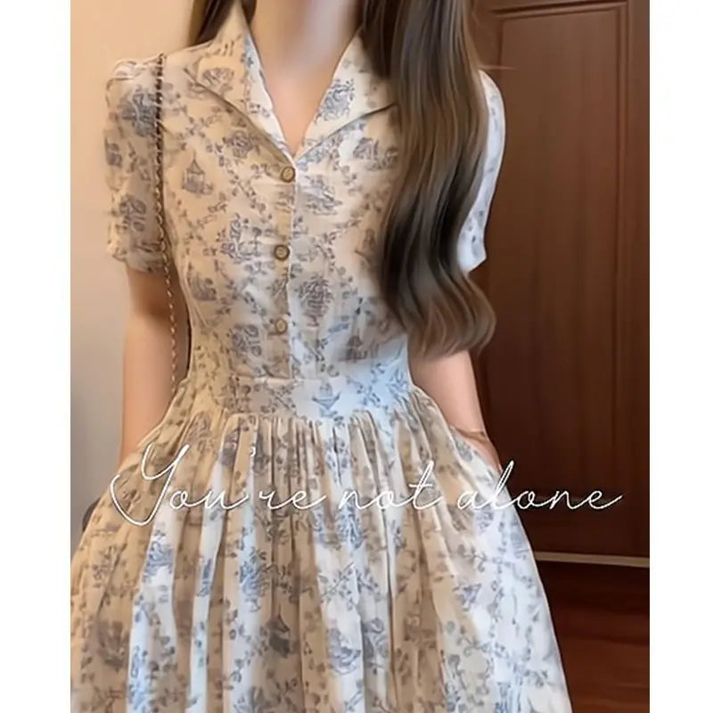 French Retro Floral Mid-length Style for Women with Waist-hugging and Short-sleeved A-line Dress