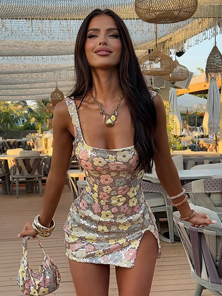 Square Collar Sequin Short Slip Dress Women Sexy Sleeveless Backless Hip Package Side Split Mini Dresses Elegant Lady Partywear